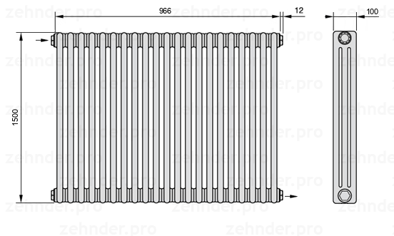 Схема (чертеж) Радиатор Zehnder Charleston 3150/21 №1670 Белый глянцевый RAL 9016